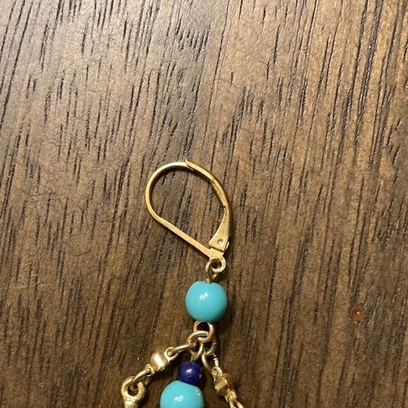 Vintage Gold tone Chandelier earrings With Turquoise, Blue and crystal beads. - Picture 2 of 3